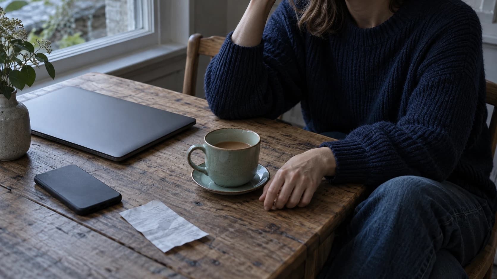 A kitchen table by a window after the return is filed: a closed laptop, a finished mug of tea and a phone face down.