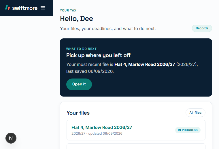 swiftmore on a small screen: the home view with the next file to open and the quarterly update deadlines.